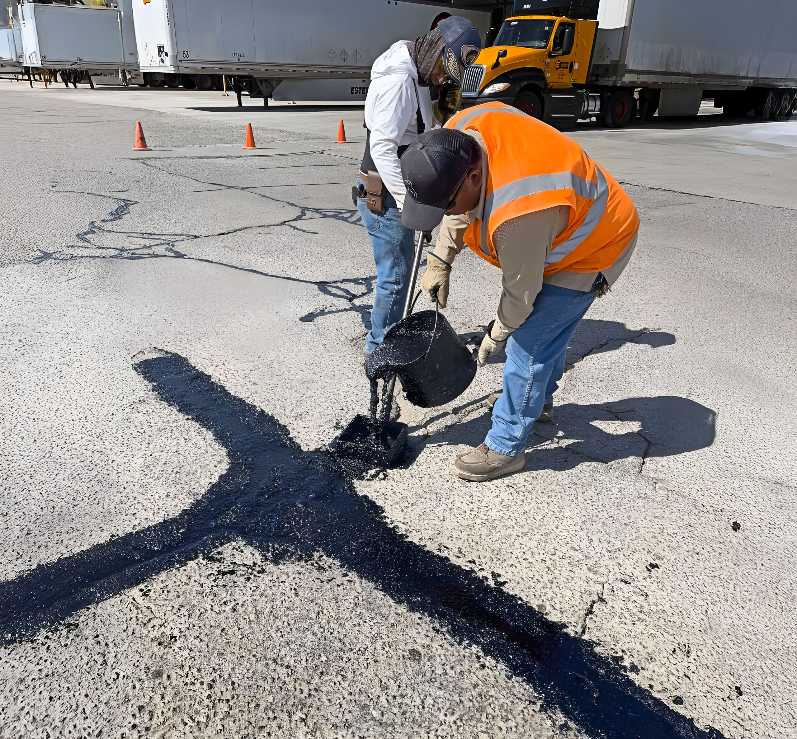 Two construction workers repairing large cracks in asphalt paving with mastic